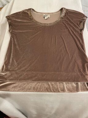 Chocolate Brown Velvet Short Sleeve Tee with Embellished Neckline